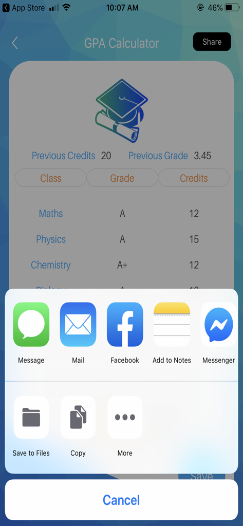 Quick GPA Calculator app interface showing options to share academic grades and results via the iOS share menu