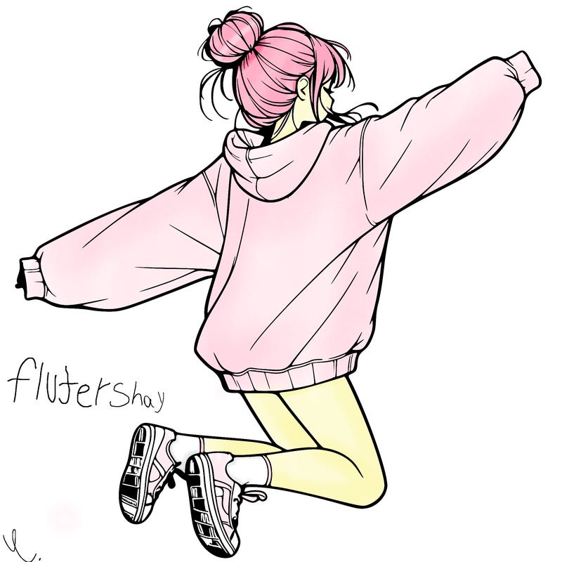 realistic girl jumping with a bun and oversized sweatshirt
