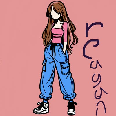 girl in baggy pants crop top and long hair