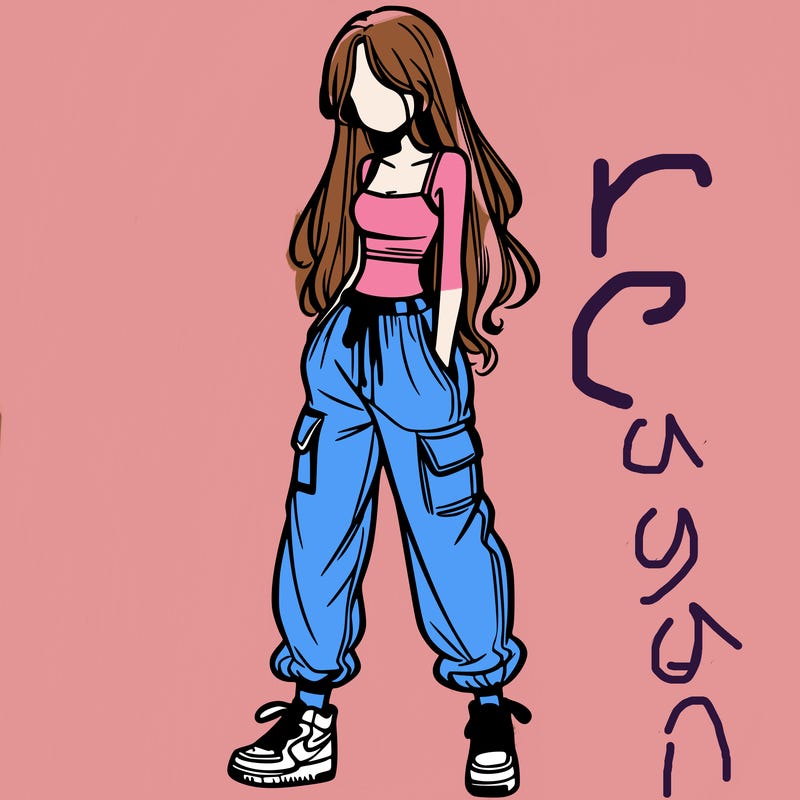 girl in baggy pants crop top and long hair