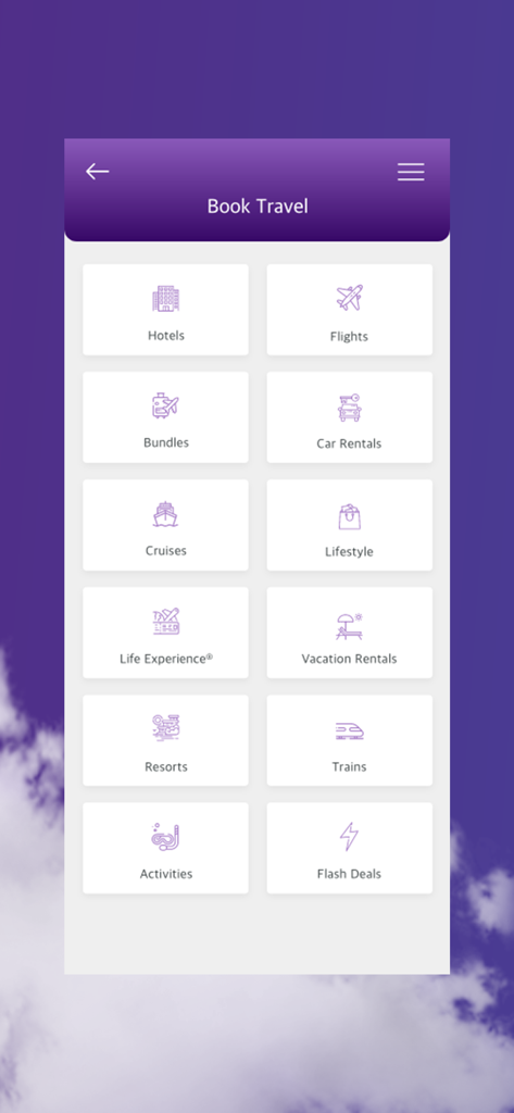 Travel Advantage mobile app menu for booking hotels flights and car rentals