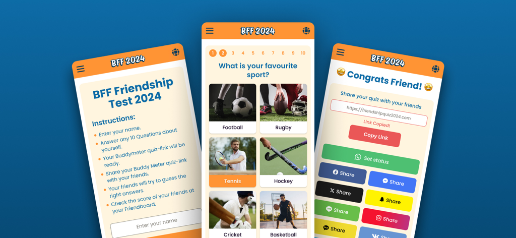Bff Friendship Test - Screenshots of the BFF Friendship Test app showing instructions, a quiz question about sports, and social media sharing options.