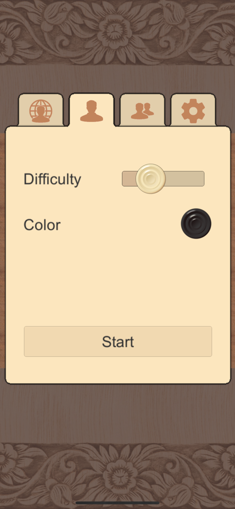 Single player game setup menu in the Checkers Online app featuring a difficulty slider and piece color selection