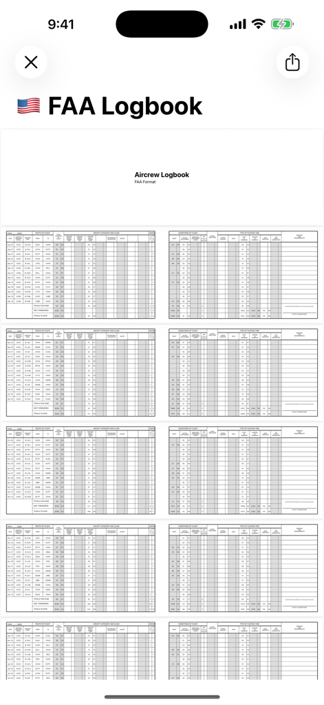Aircrew Logbook - Reporte detallado de bitácora de piloto de la FAA generado en la aplicación Aircrew Logbook