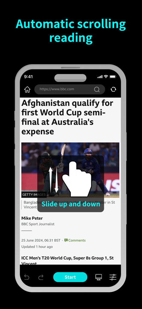 OC Auto Clicker app interface showing the automatic scrolling feature for hands-free reading on an iPhone.