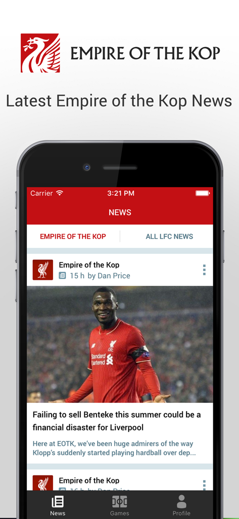 Empire of the Kop - Empire of the Kop mobile app showing the latest Liverpool FC news feed
