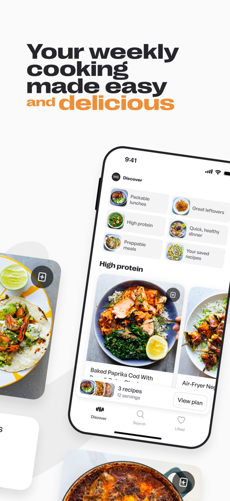 Mob: Meal Planner and Recipes - Mob app discover page displaying recipe categories and a weekly meal planning interface with high quality food photography