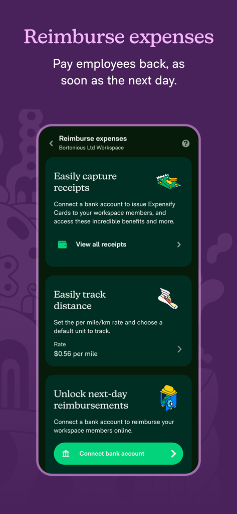 New Expensifyの画面。経費の払い戻し、レシートのキャプチャ、距離の追跡方法が表示されています。