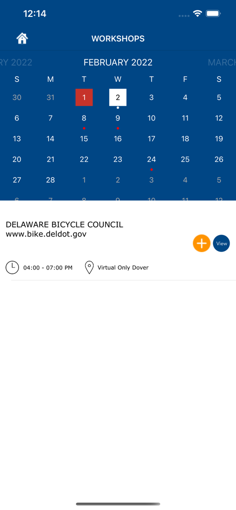DelDOT app screen showing a workshop calendar for February 2022 with a virtual meeting entry for the Delaware Bicycle Council.