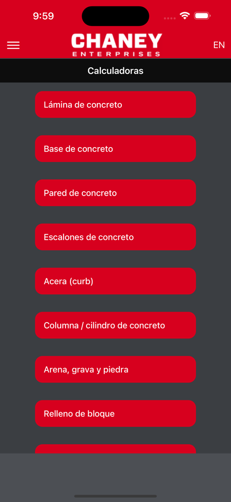 Concrete and Agg Calculator - Hauptmenübildschirm der Beton- und Zuschlagstoffrechner-App mit verschiedenen Optionen zur Baukalkulation auf Spanisch