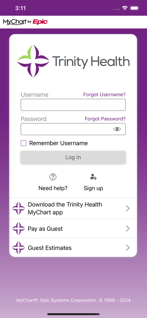 Login screen for the Trinity Health MyChart app featuring username and password fields and a guest payment option