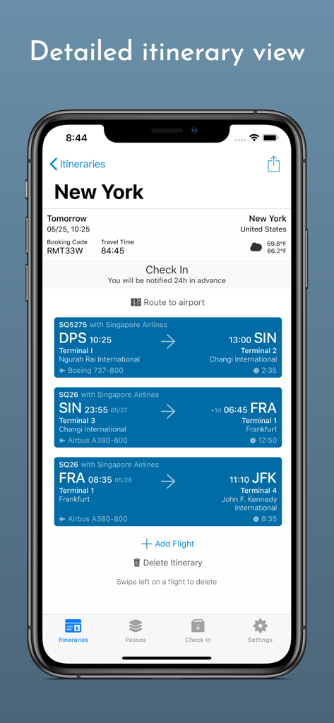 iPhone app screen showing a detailed flight itinerary with multiple segments and destination weather