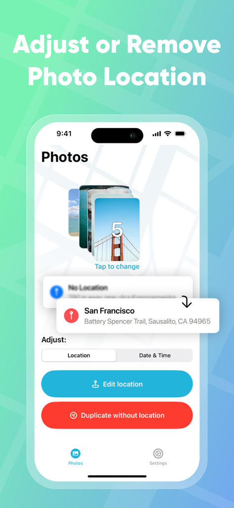Interface of PhotoMapper GPS EXIF Editor showing location adjustment and removal options for a stack of photos.