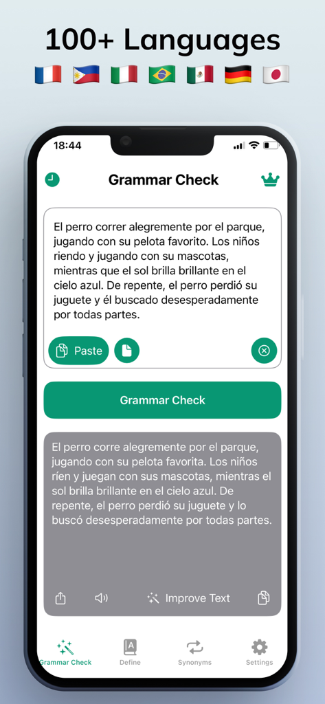 Grammar Check Corrector AI - Grammar Check Corrector AI app interface showing Spanish text correction and multilingual support