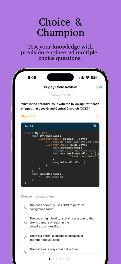 Interview Genie - 객관식 버그 코드 검토 세션을 보여주는 Interview Genie 앱 화면