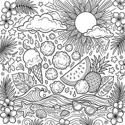 Get ready for an extraordinary coloring experience with this unique summer hailstorm scene. Explore a vibrant tropical paradise filled with sunshine, refreshing treats, and unexpected frozen wonders, all waiting for your creative touch.