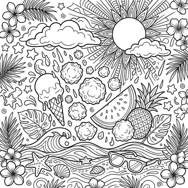 Get ready for an extraordinary coloring experience with this unique summer hailstorm scene. Explore a vibrant tropical paradise filled with sunshine, refreshing treats, and unexpected frozen wonders, all waiting for your creative touch.