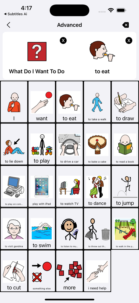 iMyVoice AAC-App-Oberfläche, die ein Raster von Kommunikationspiktogrammen zeigt, einschließlich Symbolen für Essen, Spielen und Zeichnen.