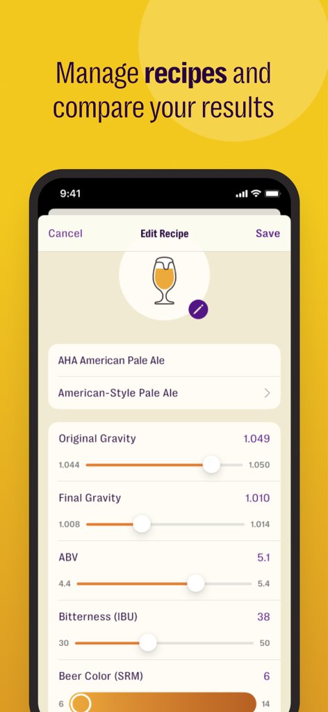 Brew Meister: Measure & Manage - Brew Meister mobile app screen showing brewing recipe metrics like gravity and alcohol content