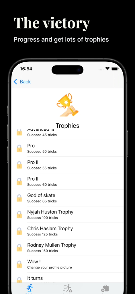 Lista de trofeos y logros de la aplicación Skate Tricks que muestra los niveles de progresión