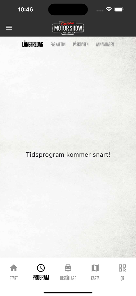 Custom Motor Show - カスタムモーターショーアプリのスケジュールタブ。イベント日が表示されています。