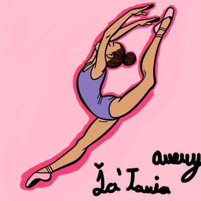 gymnast doing a leap in a leotard with a bent back leg