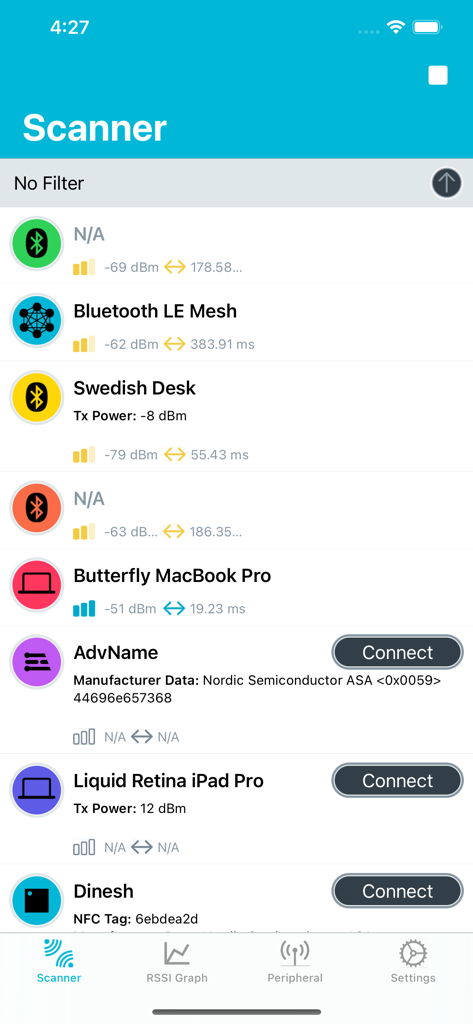 The nRF Connect for Mobile app scanner displaying nearby Bluetooth Low Energy devices and signal strength.