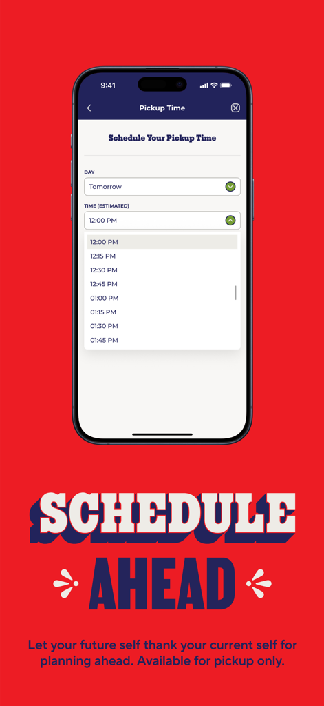 Chilis - Chilis mobile app screen for scheduling a future pickup order