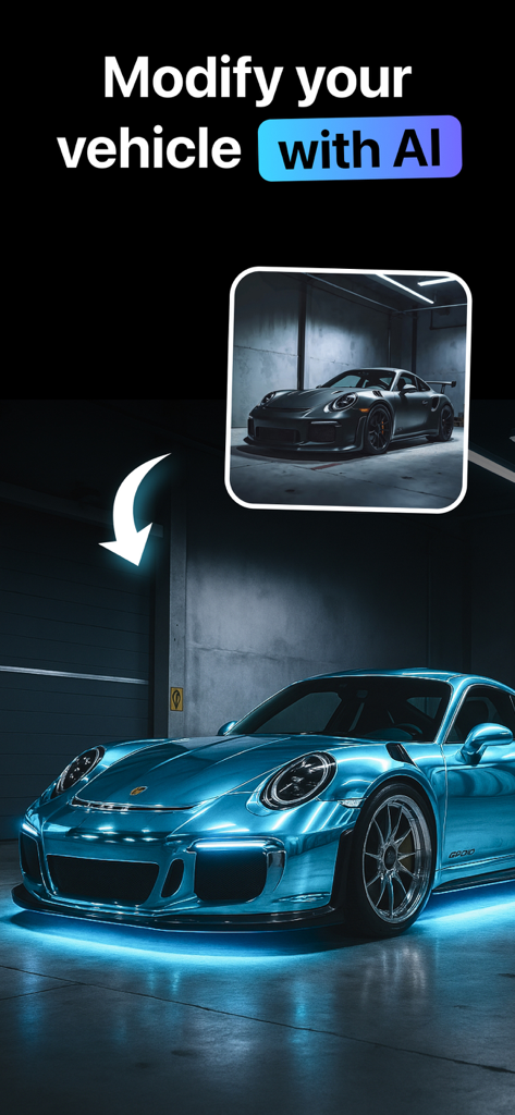 Mods: AI Car Designer & Tuning - Comparison showing a stock sports car transformed into a custom blue build with neon lighting using AI