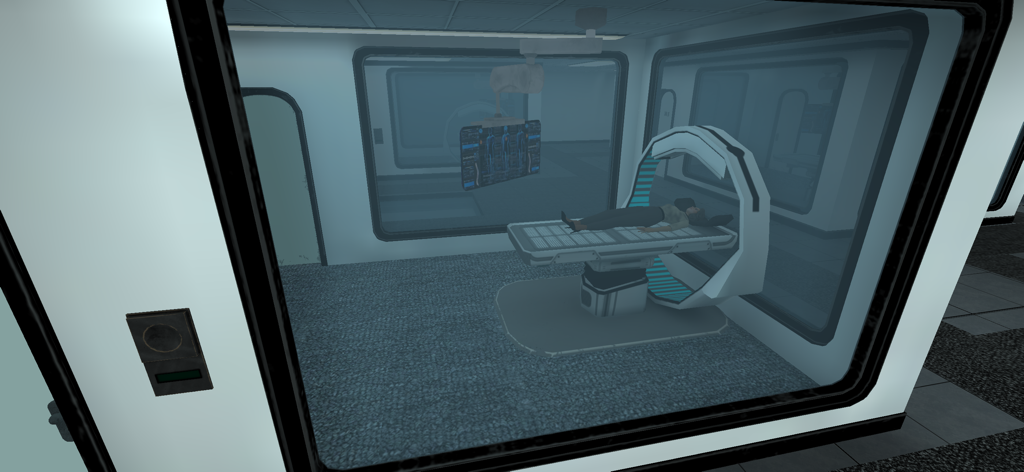 Smiling-X: Horror Game - A person on a high tech medical bed in a mysterious office laboratory.