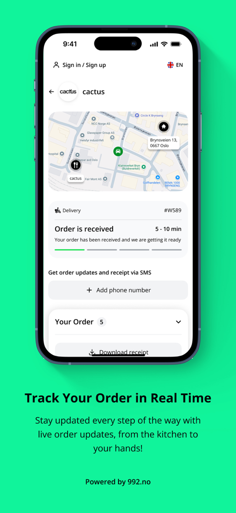 Cactus Taco - 地図と配送状況の更新とともに、タコスの注文をリアルタイムで追跡するためのモバイルインターフェイス