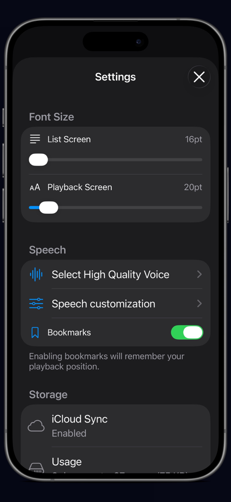 Schermata delle impostazioni dell'app Voice Reader che mostra le opzioni per la dimensione del carattere, la personalizzazione della voce e la gestione dello spazio di archiviazione