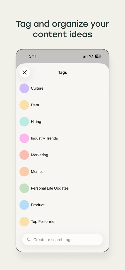 Bufferのモバイルアプリインターフェース。マーケティングや業界トレンドなどのソーシャルメディアコンテンツのアイデアを整理するためのカラーコード付きタグのリストが表示されています。