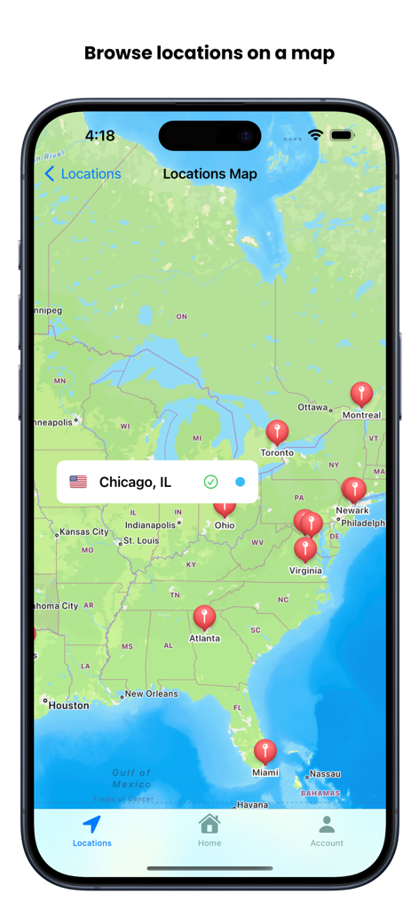 Serverless VPN - UpVPN - A map of the United States and Canada within the UpVPN app interface showing available server locations with red pins and a selected location in Chicago.
