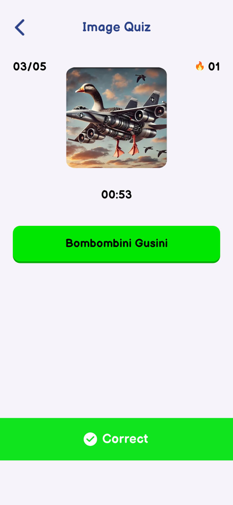 Italian Brainrot Quiz: Sounds - Une capture d'écran de l'application Italian Brainrot Quiz montrant une réponse correcte pour un personnage mème surréaliste nommé Bombombini Gusini.