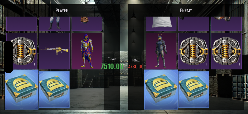 Crate Opening Battle UC - PvP-Duell-Oberfläche, die die Loot-Werte und Gegenstände des Spielers im Vergleich zum Gegner zeigt.