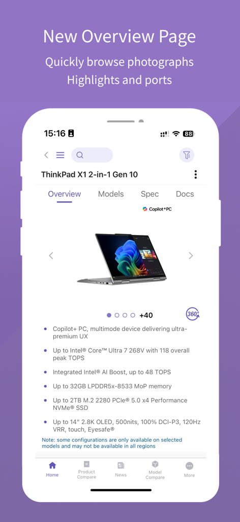Lenovo PSREF - Lenovo PSREF app interface showing technical specifications and overview of a ThinkPad X1 laptop