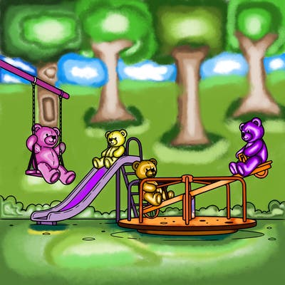 teddy bears playing in a park one on a swing one on a slide one on a merry go round and two on a seesaw
