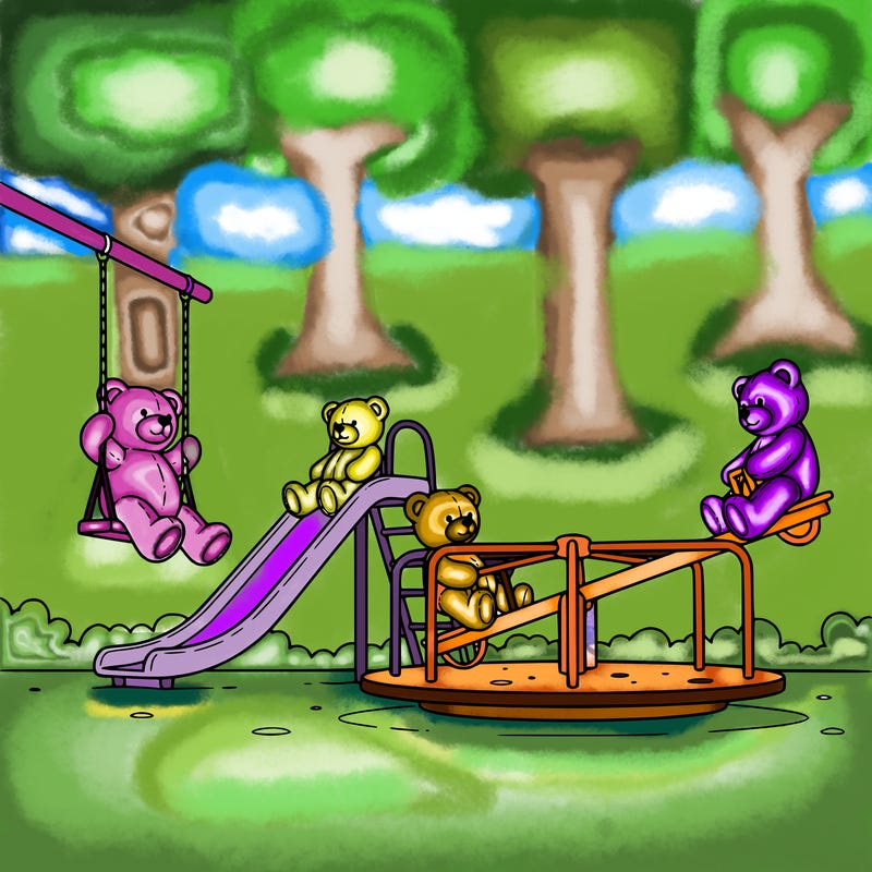 teddy bears playing in a park one on a swing one on a slide one on a merry go round and two on a seesaw