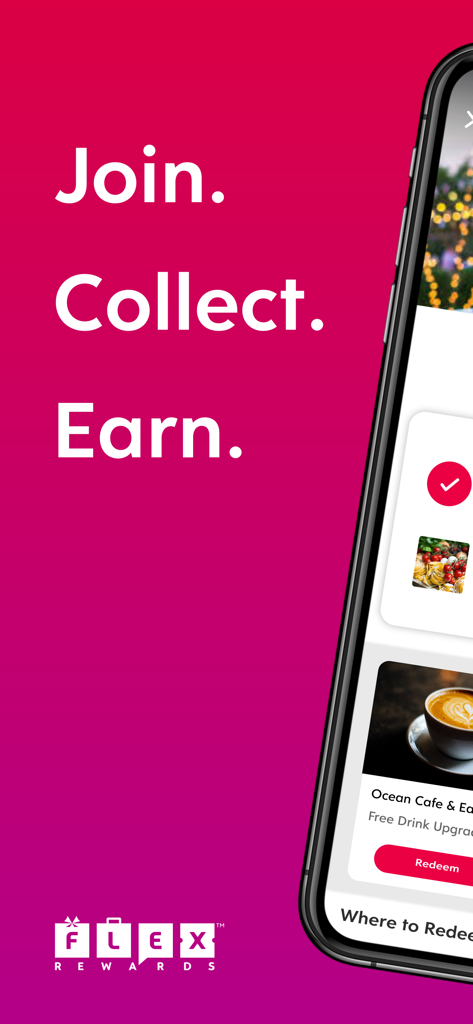 Flex Rewards App Startbildschirm mit den Slogans Join Collect Earn und einer Vorschau auf eine digitale Treuekarte für ein lokales Café
