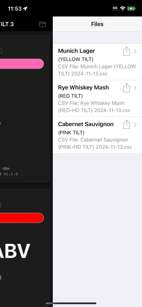 Tilt Hydrometer | TILT 3 - List of fermentation data logs for different brew batches in the Tilt 3 app