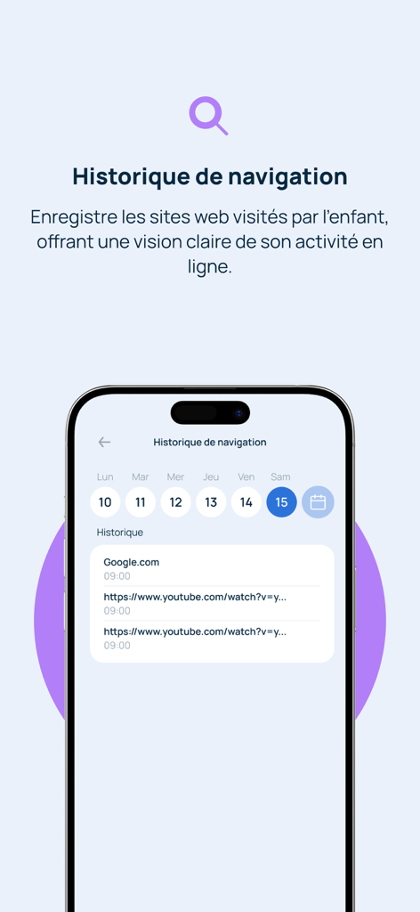 Kidcare : Contrôle parental - Pantalla de la aplicación de control parental Kidcare que muestra un informe detallado del historial de navegación web y los sitios web visitados por un niño