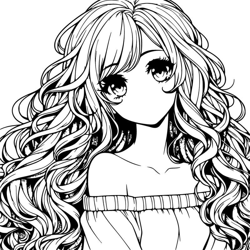 realistic, anime girl with really long curly hair