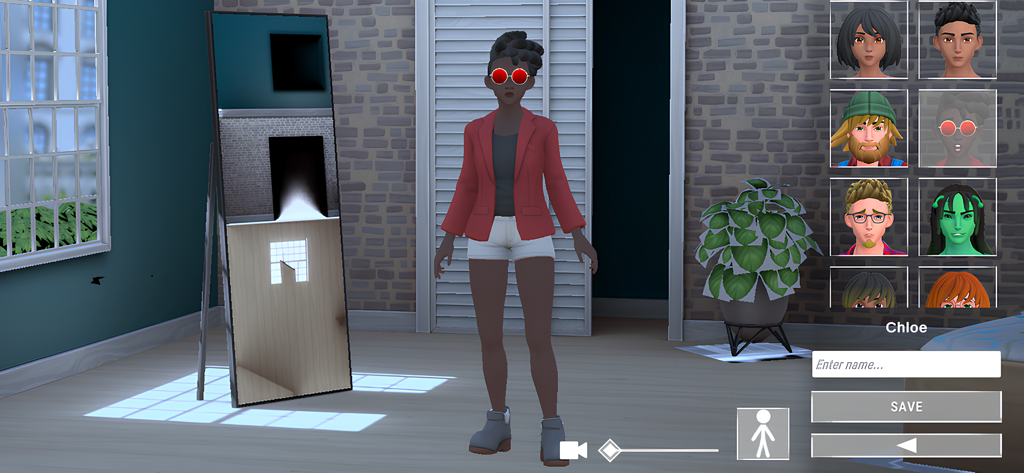 여성 아바타와 다양한 외모 옵션을 특징으로 하는 심즈 4 모바일 모드의 캐릭터 커스터마이징 화면.