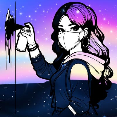 realistic girl with mask spray painting a wall