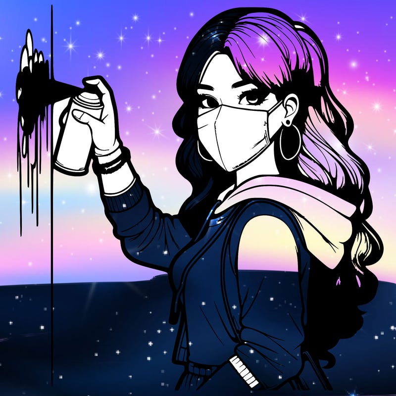 realistic girl with mask spray painting a wall