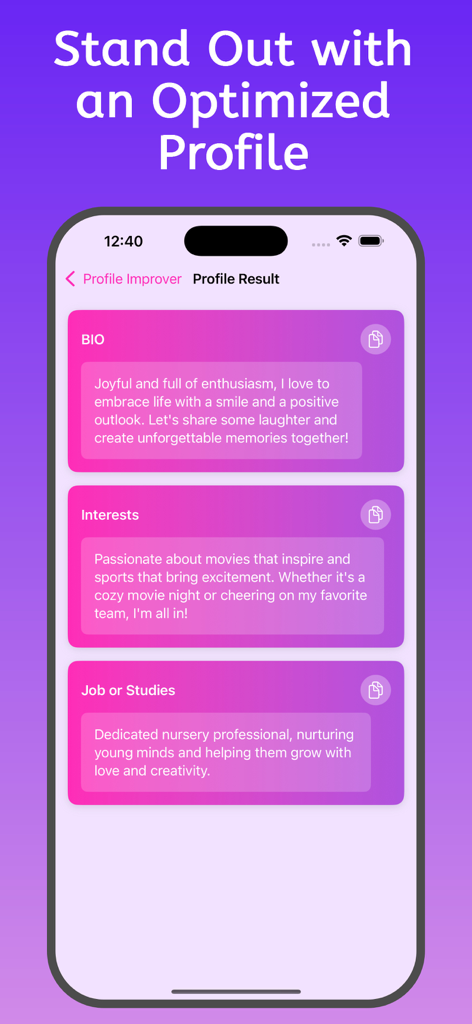 OnlyFun: Dating in your city - OnlyFun Mobile App-Screenshot, der KI-generierten Dating-Profiltext für Bio und Interessen zeigt