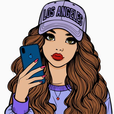 realistic beautiful girl wearing los ángeles cap holding an iphone