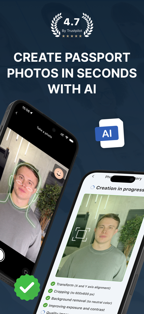 Passport Photo Maker－ID, Visa - Mobile app interface showing AI powered passport photo creation with automatic cropping and background removal.