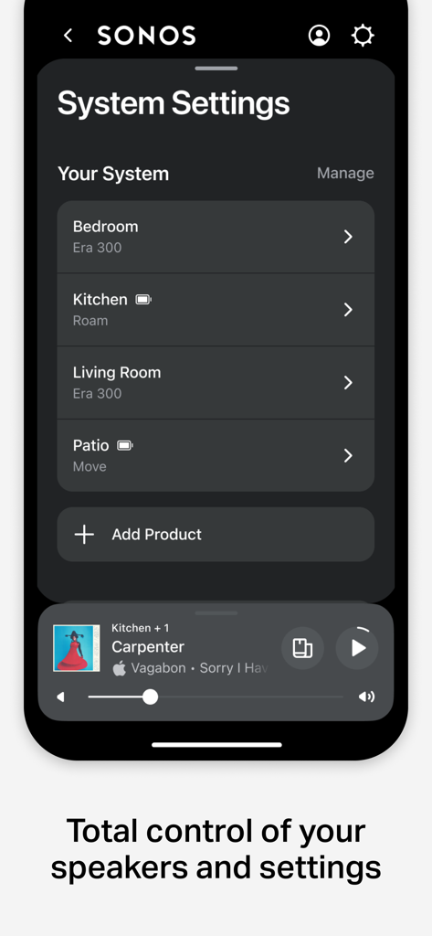 Interface of the Sonos app showing system settings for managing speakers across multiple rooms like the bedroom, kitchen, and living room